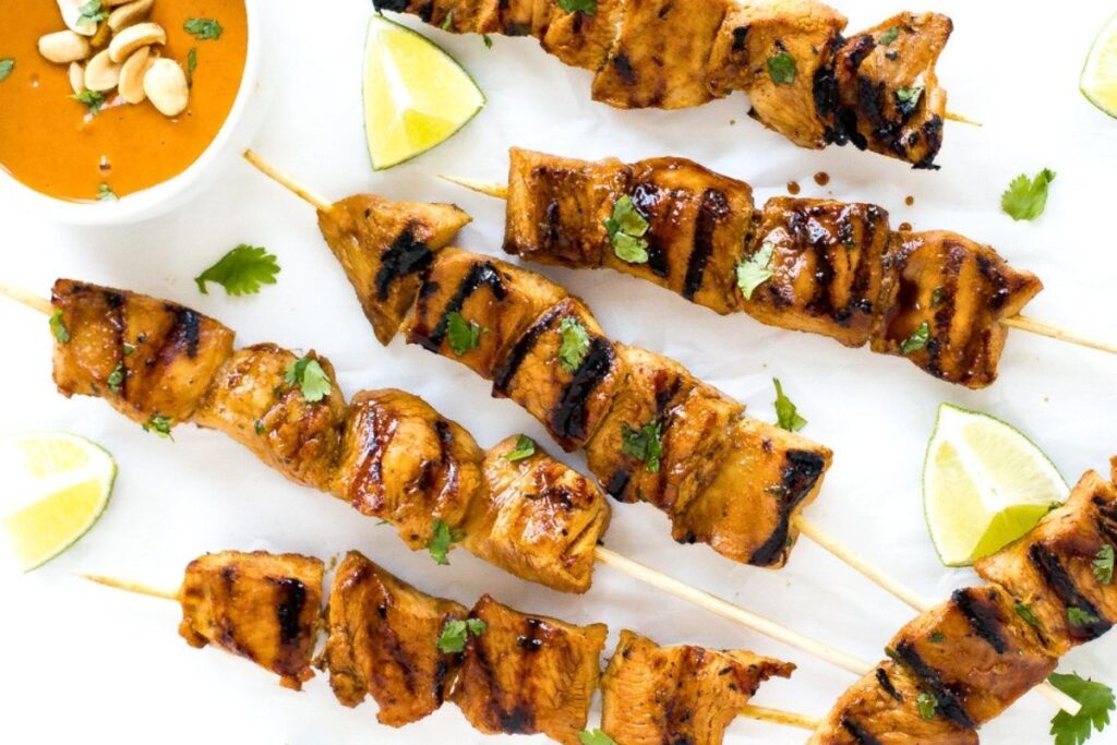 Thai Chicken Satay with Peanut Sauce overhead view.